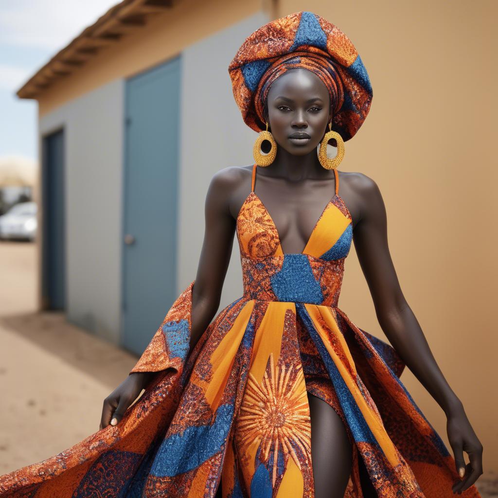 A stunning image of senegalese star wearing vibrant patterned couture radiating confidence against airy studios.