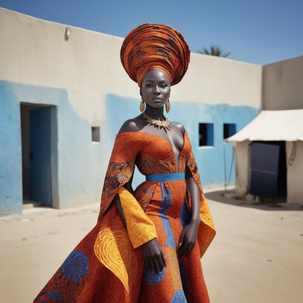 A stunning image of senegalese star wearing vibrant patterned couture radiating confidence against airy studios.