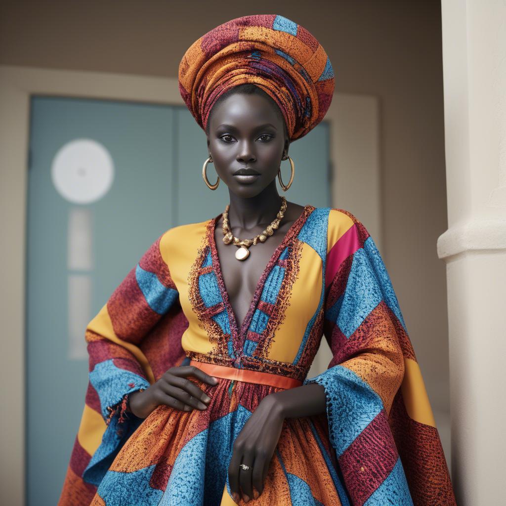 A stunning image of senegalese star wearing vibrant patterned couture radiating confidence against airy studios.