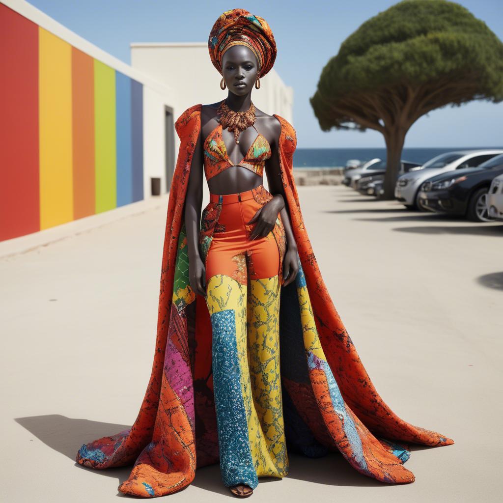 A stunning image of senegalese star wearing vibrant patterned couture radiating confidence against airy studios.