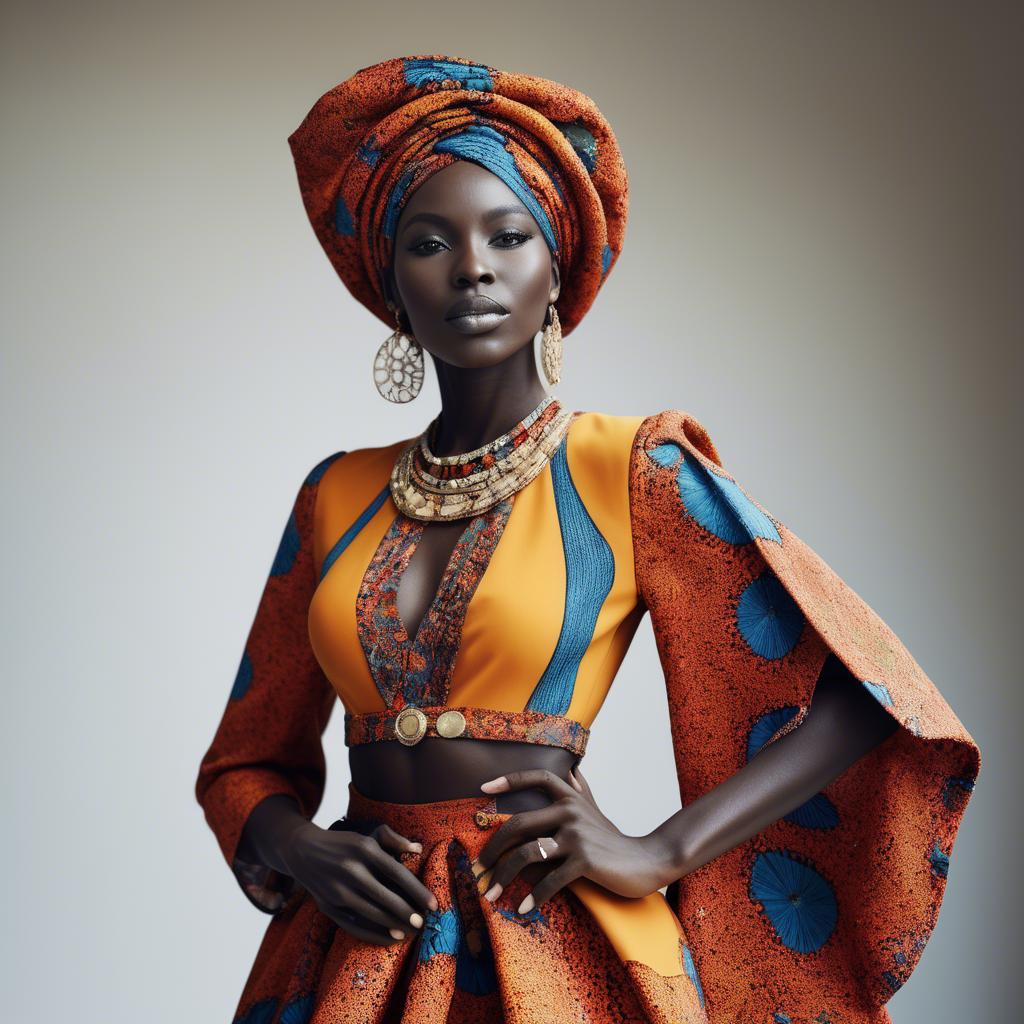 A stunning image of senegalese star wearing vibrant patterned couture radiating confidence against airy studios.