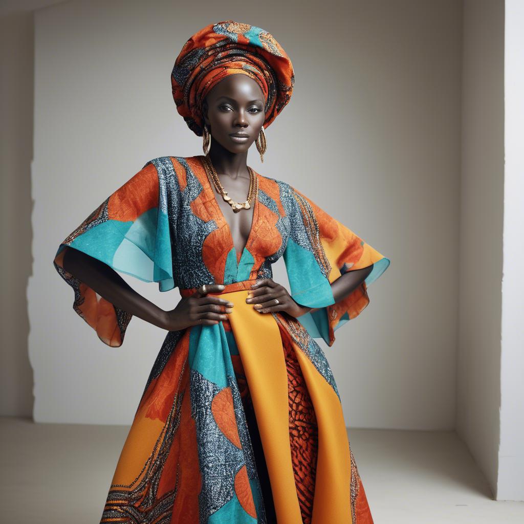 A stunning image of senegalese star wearing vibrant patterned couture radiating confidence against airy studios.