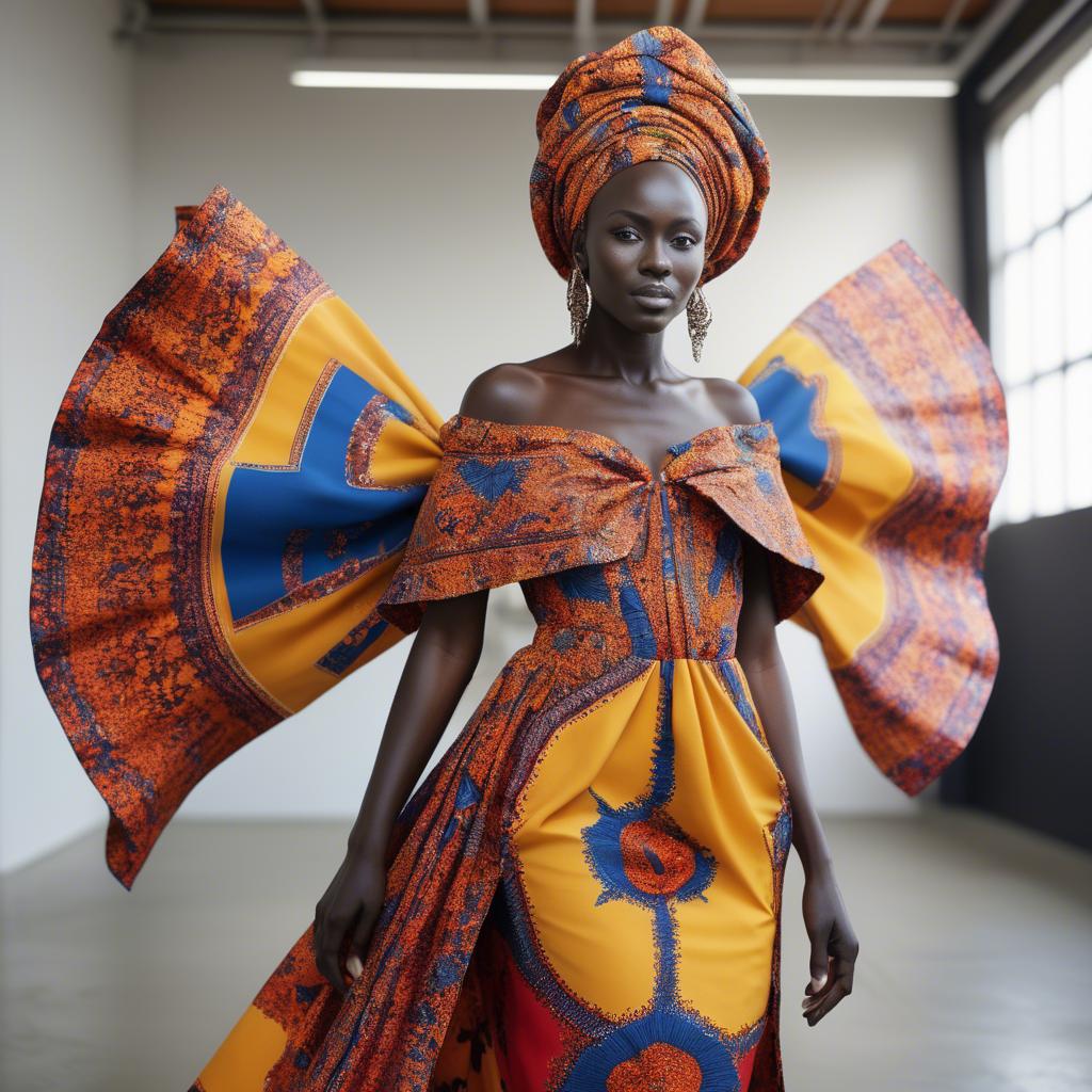 A stunning image of senegalese star wearing vibrant patterned couture radiating confidence against airy studios.