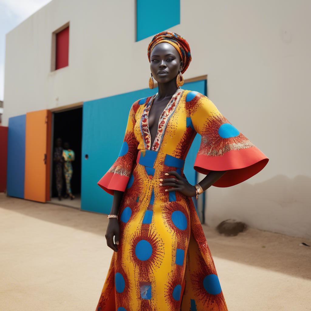 A stunning image of senegalese star wearing vibrant patterned couture radiating confidence against airy studios.