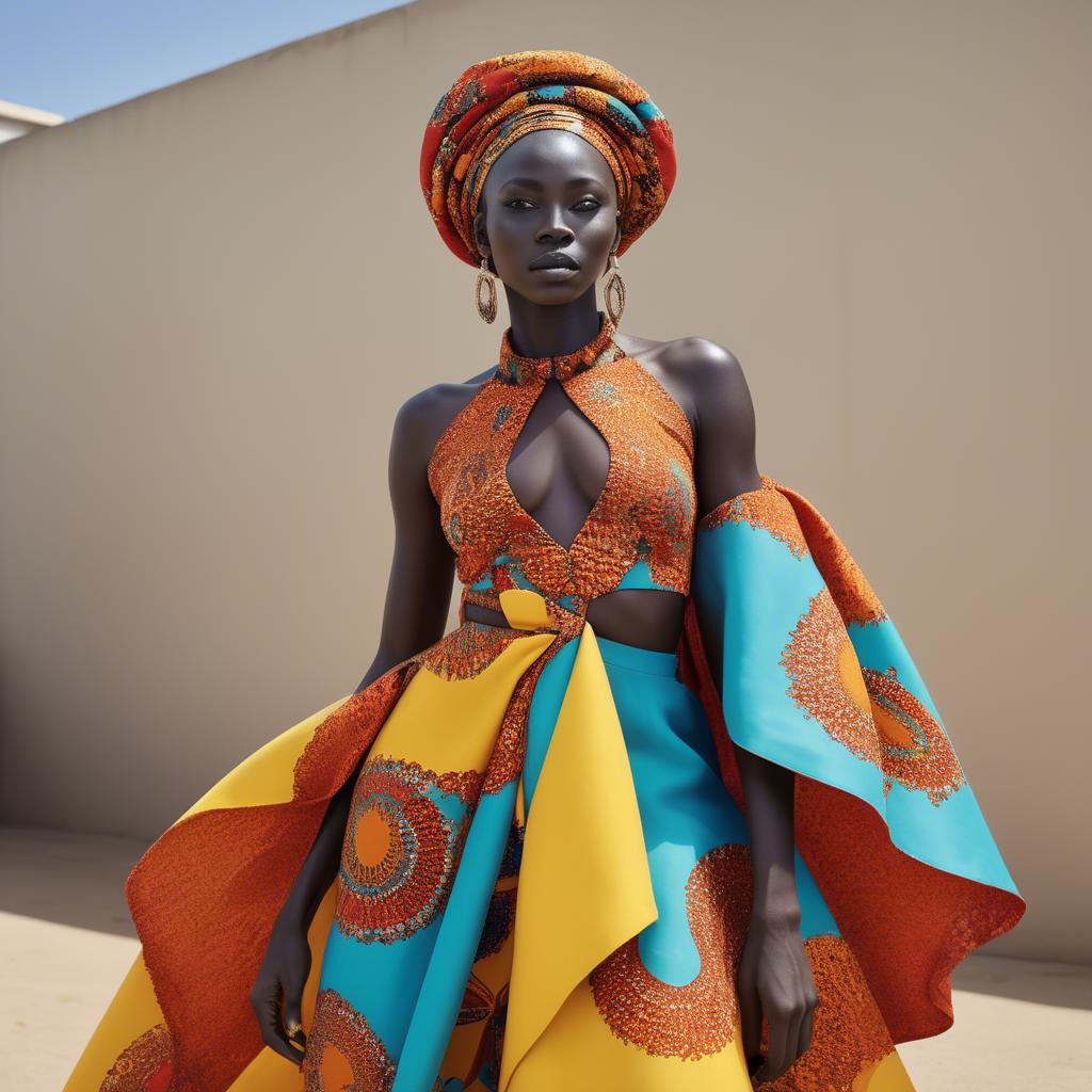 A stunning image of senegalese star wearing vibrant patterned couture radiating confidence against airy studios.