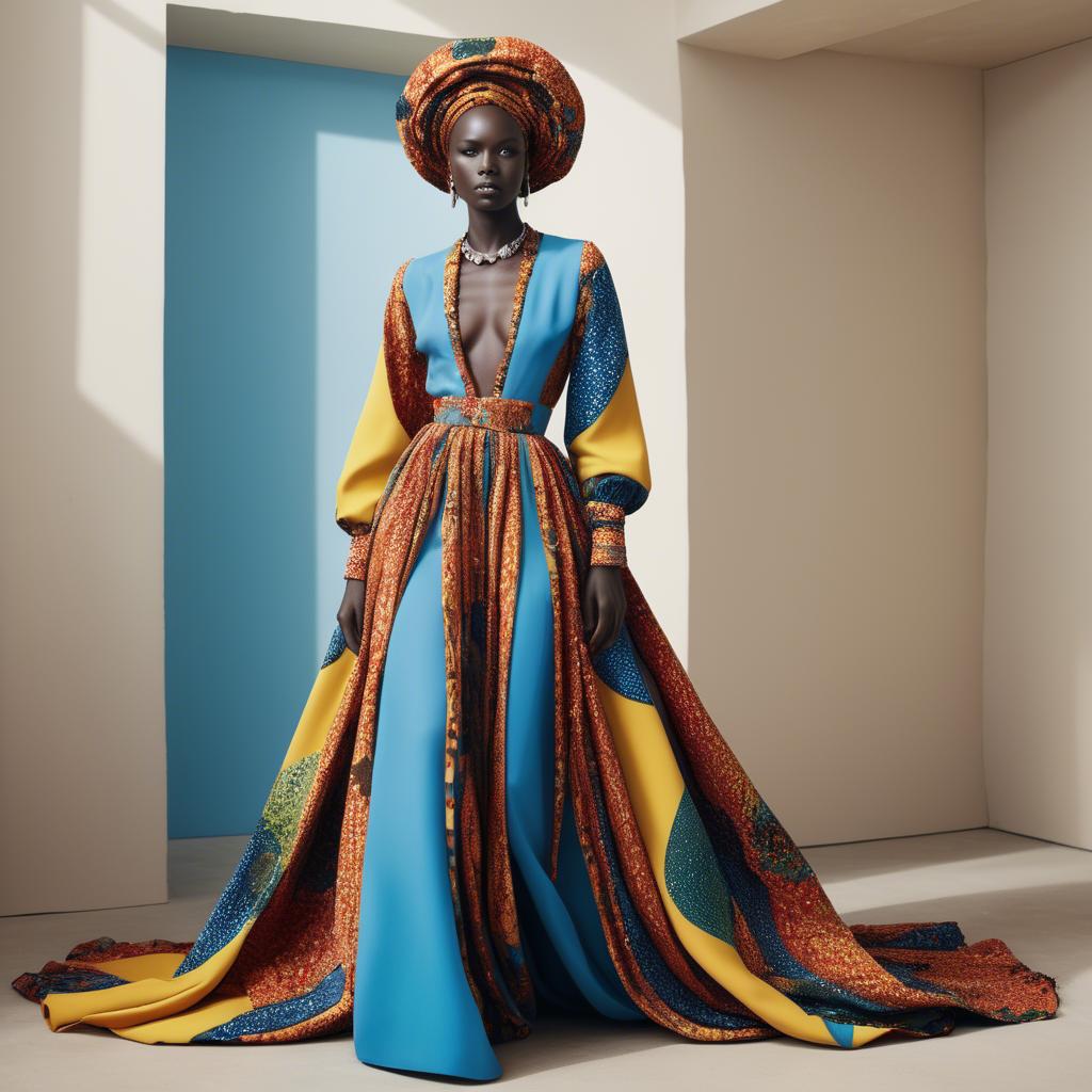 A stunning image of senegalese star wearing vibrant patterned couture radiating confidence against airy studios.