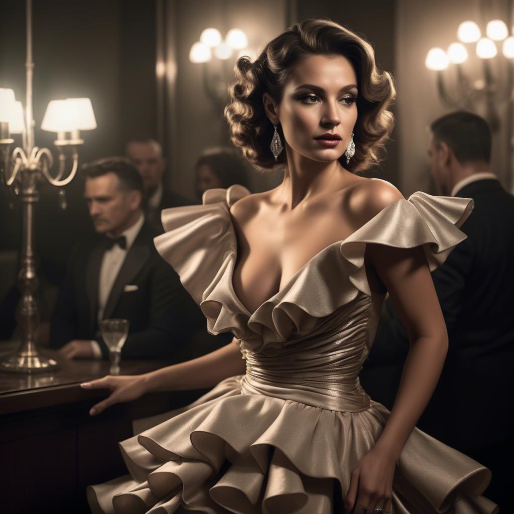 A stunning image of serbian glamour in a dramatic ruffled dress highlighted by classic hollywood-style lighting.