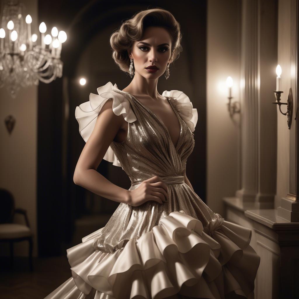 A stunning image of serbian glamour in a dramatic ruffled dress highlighted by classic hollywood-style lighting.