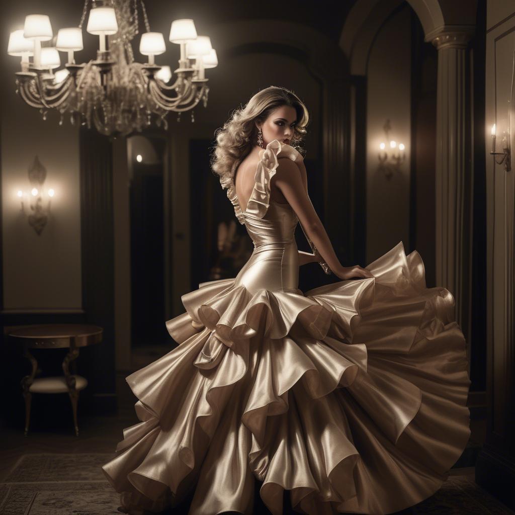 A stunning image of serbian glamour in a dramatic ruffled dress highlighted by classic hollywood-style lighting.