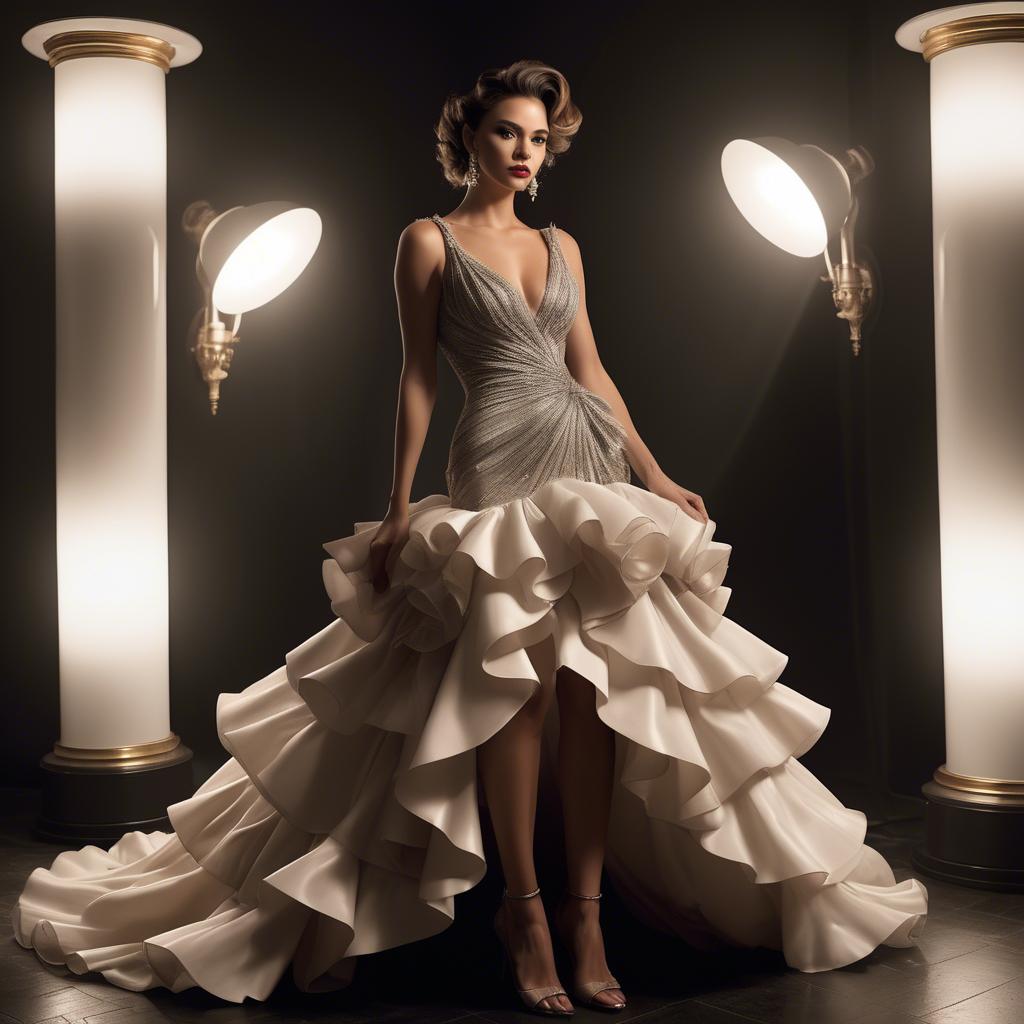 A stunning image of serbian glamour in a dramatic ruffled dress highlighted by classic hollywood-style lighting.