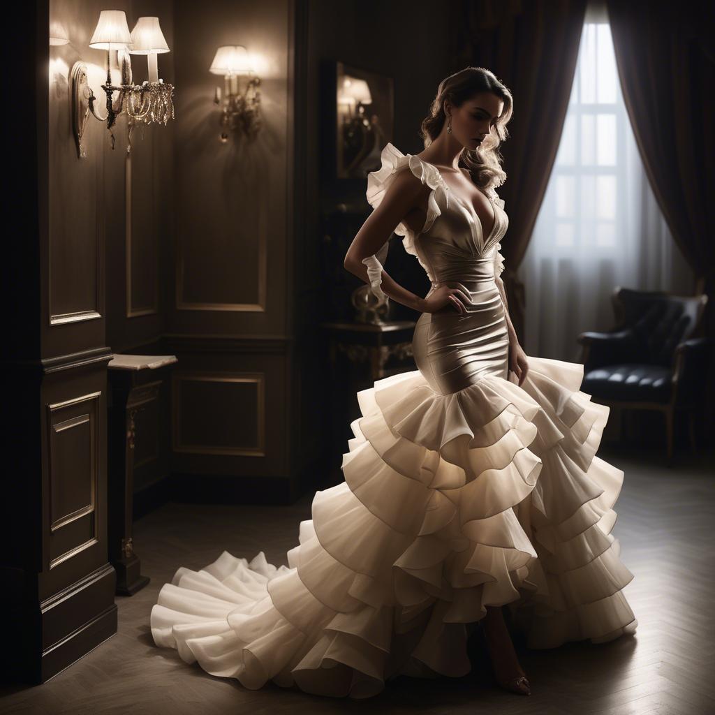 A stunning image of serbian glamour in a dramatic ruffled dress highlighted by classic hollywood-style lighting.