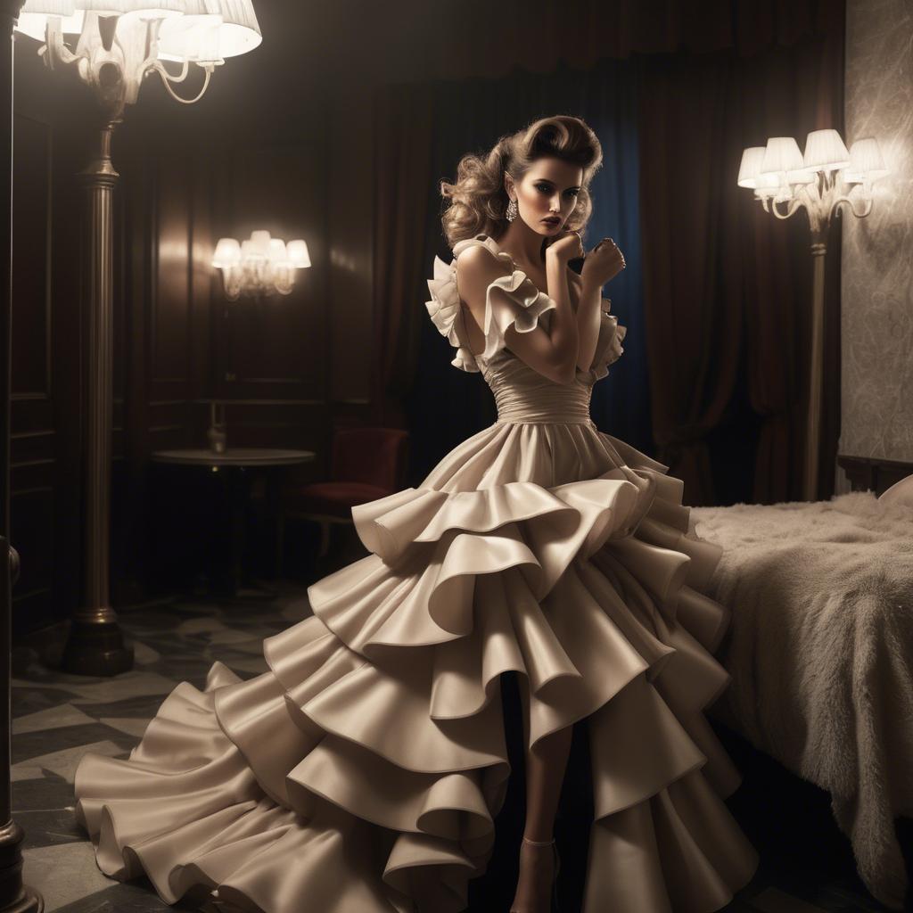 A stunning image of serbian glamour in a dramatic ruffled dress highlighted by classic hollywood-style lighting.