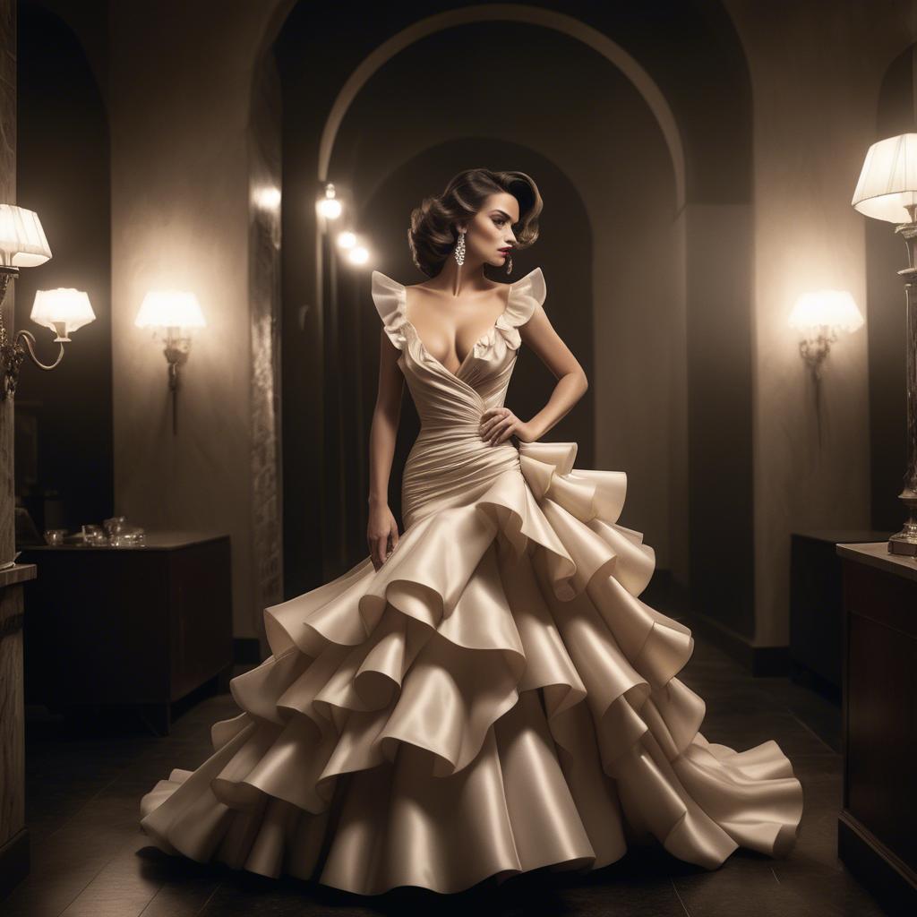 A stunning image of serbian glamour in a dramatic ruffled dress highlighted by classic hollywood-style lighting.