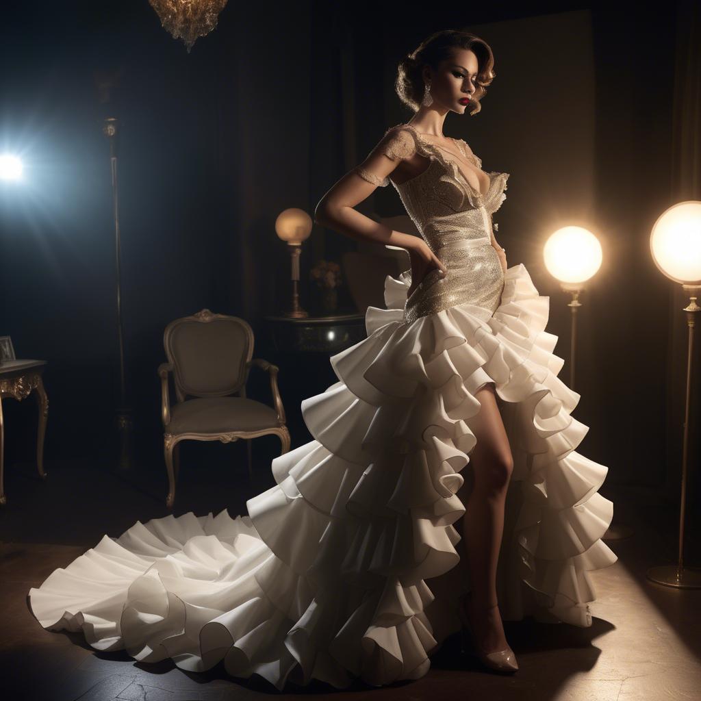 A stunning image of serbian glamour in a dramatic ruffled dress highlighted by classic hollywood-style lighting.
