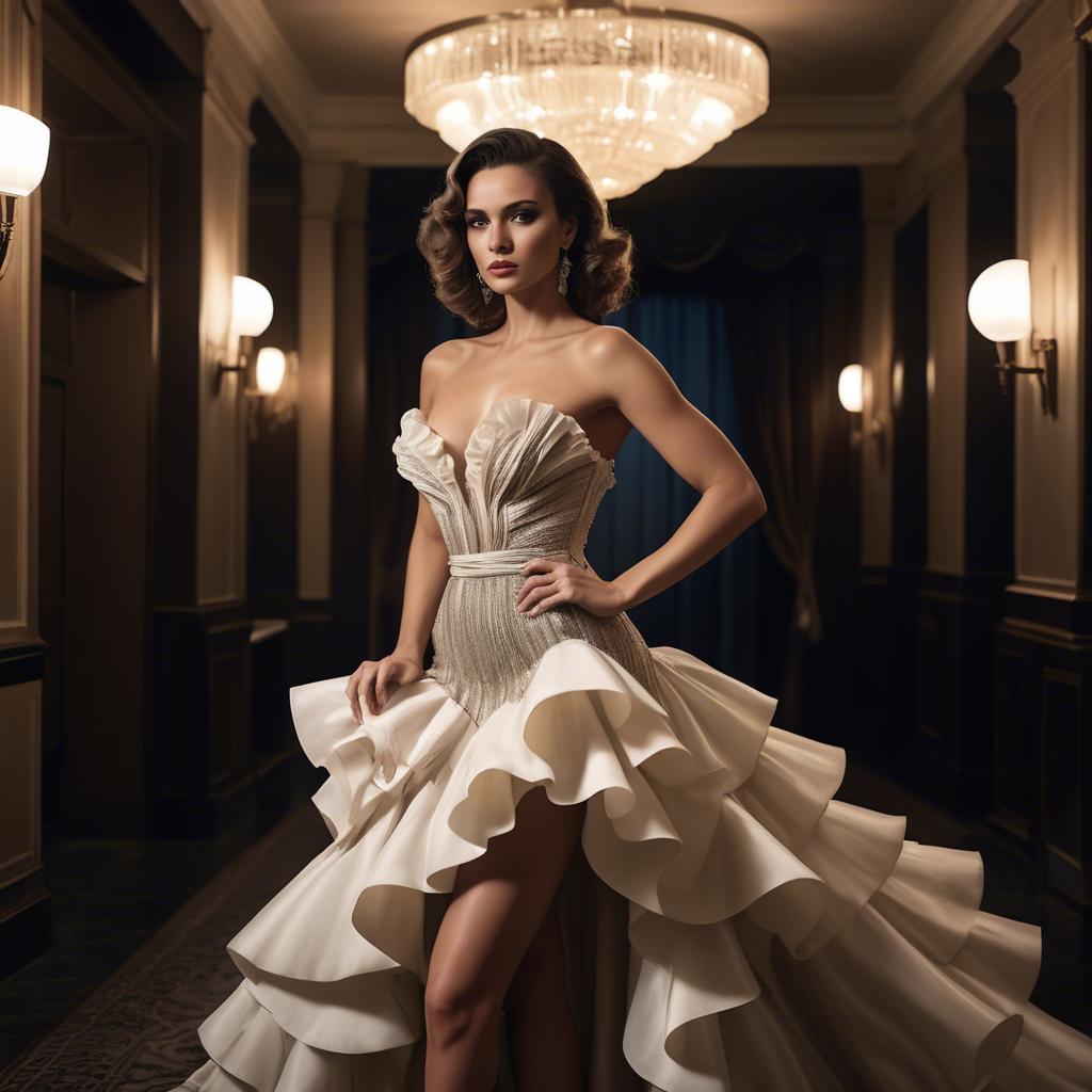A stunning image of serbian glamour in a dramatic ruffled dress highlighted by classic hollywood-style lighting.