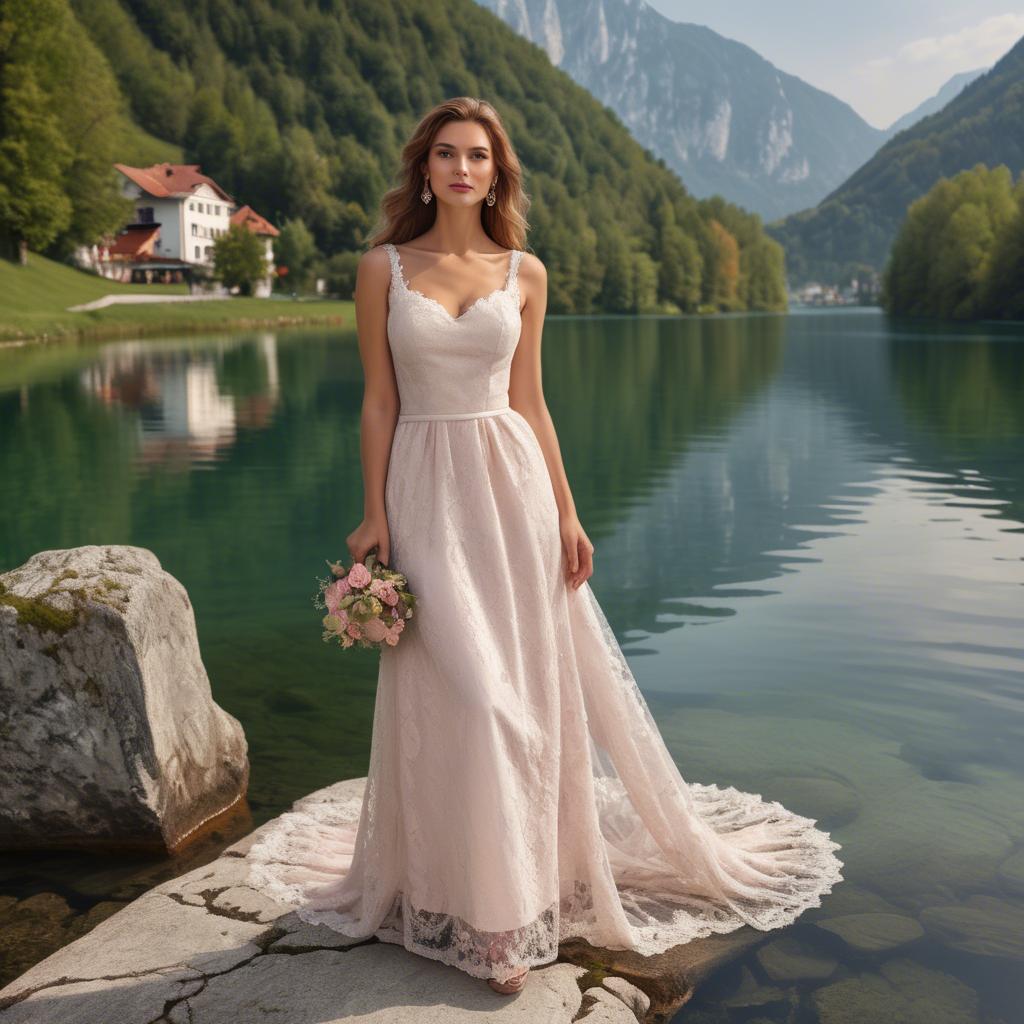 A stunning image of slovenian charm set by picturesque lakes featuring a romantic floral lace gown.