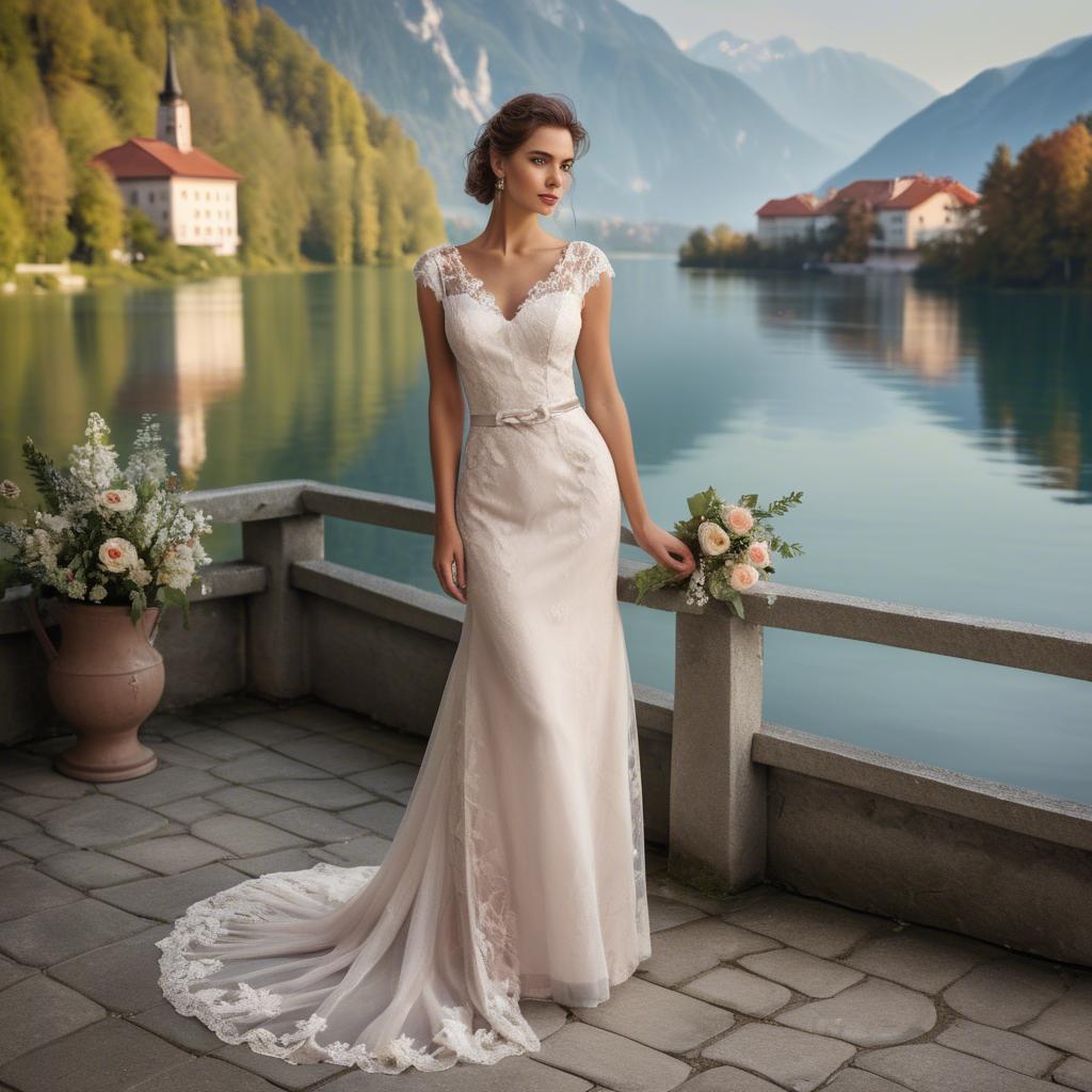A stunning image of slovenian charm set by picturesque lakes featuring a romantic floral lace gown.