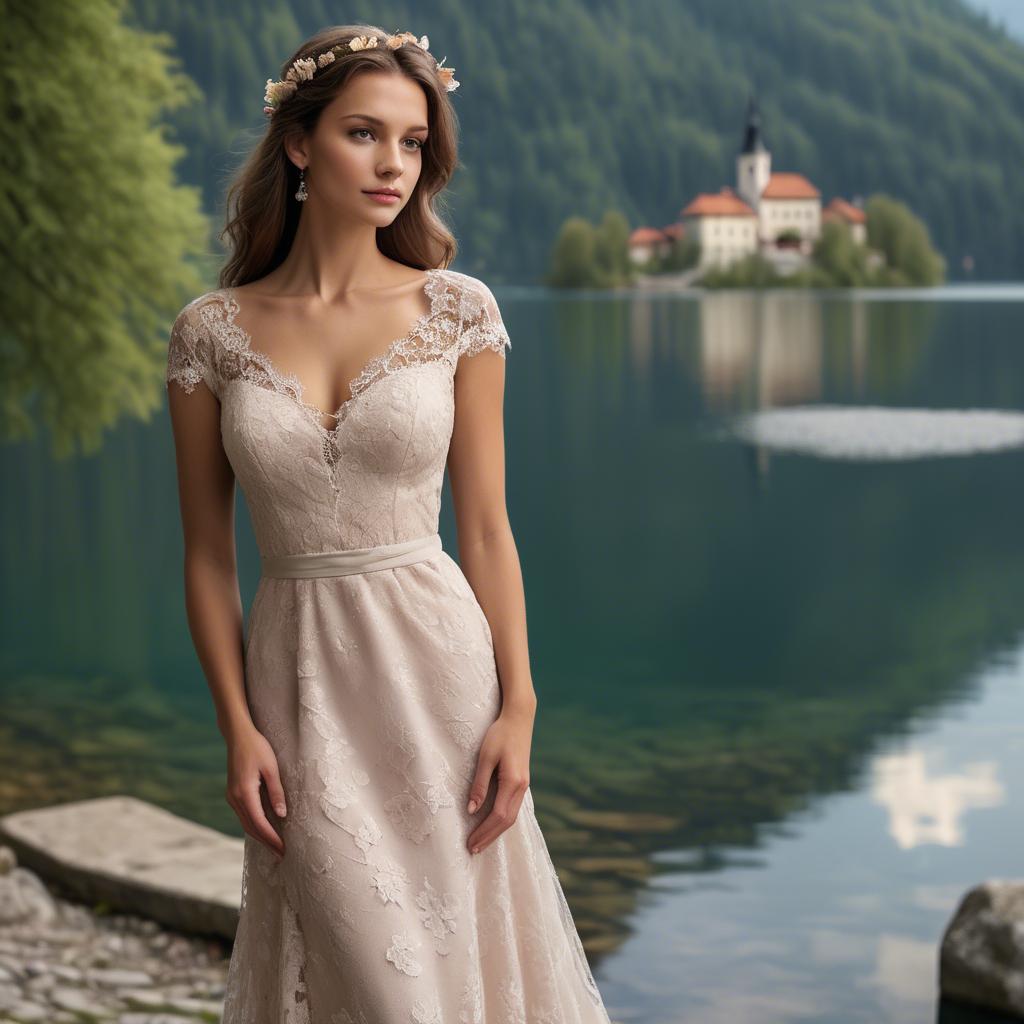 A stunning image of slovenian charm set by picturesque lakes featuring a romantic floral lace gown.