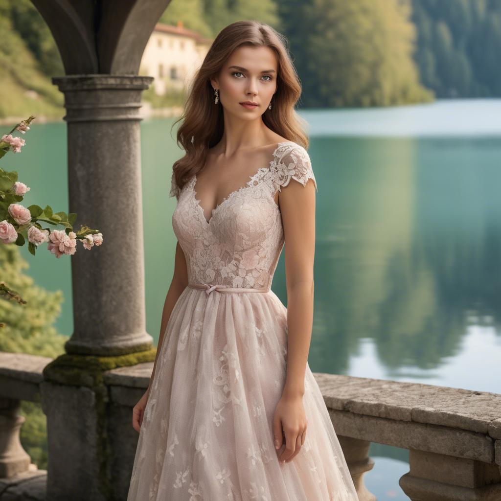 A stunning image of slovenian charm set by picturesque lakes featuring a romantic floral lace gown.