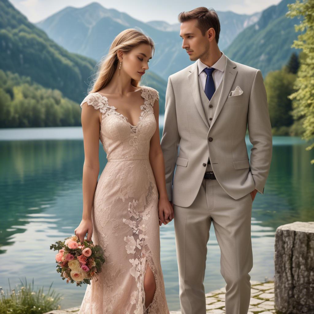 A stunning image of slovenian charm set by picturesque lakes featuring a romantic floral lace gown.