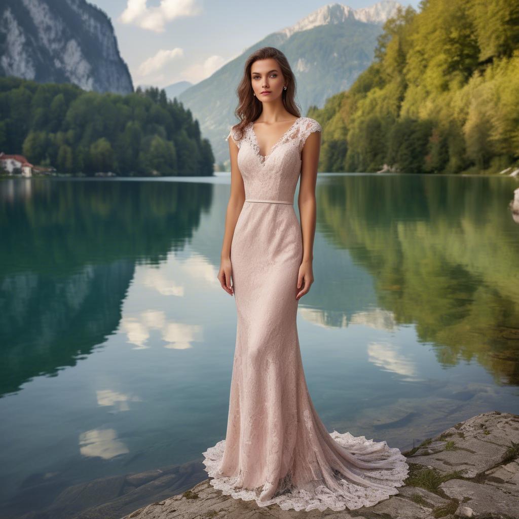 A stunning image of slovenian charm set by picturesque lakes featuring a romantic floral lace gown.