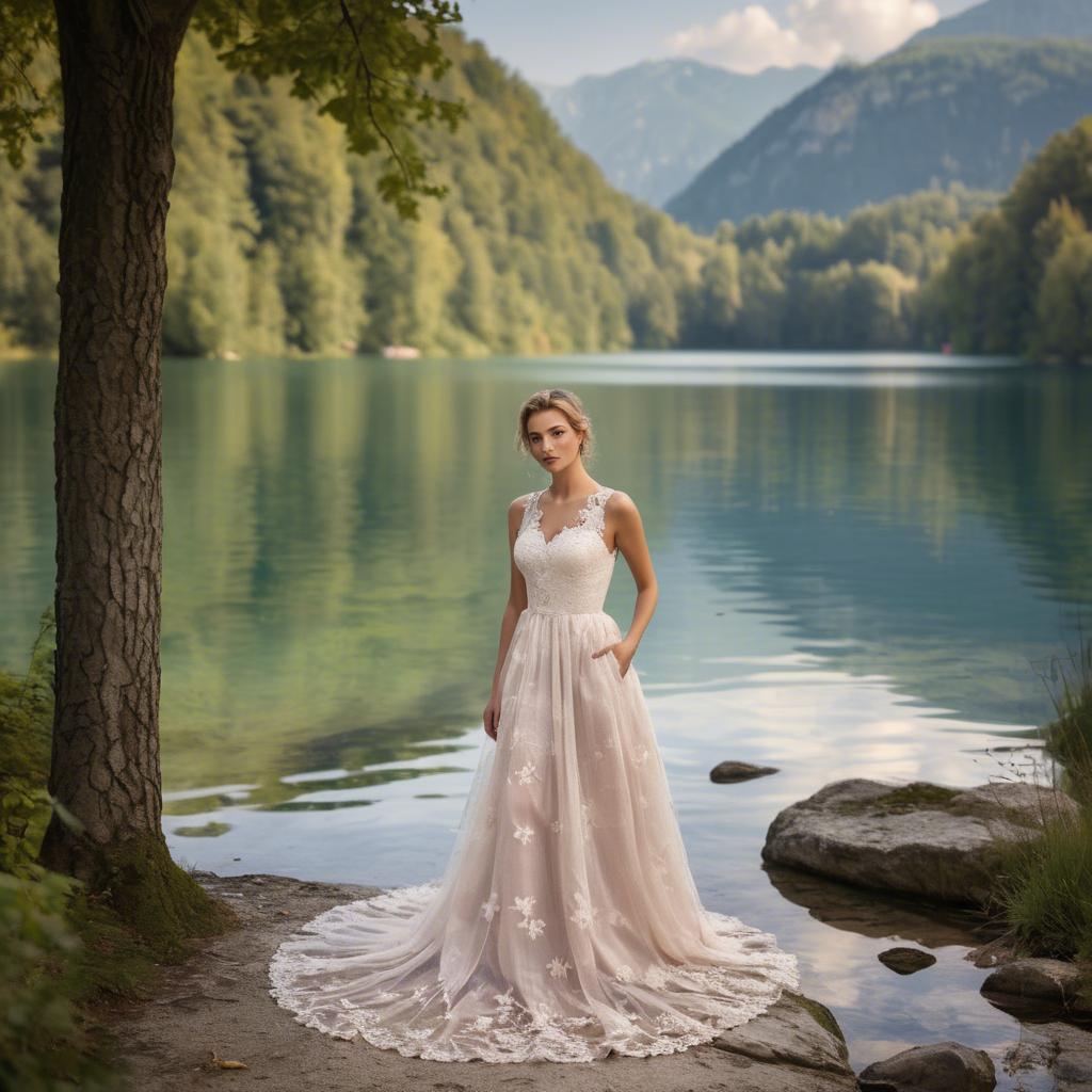 A stunning image of slovenian charm set by picturesque lakes featuring a romantic floral lace gown.