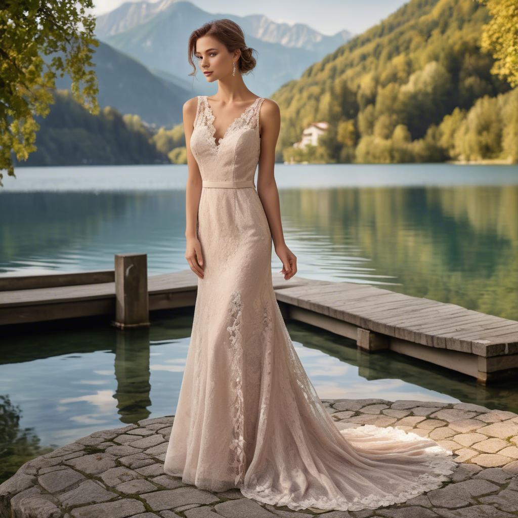A stunning image of slovenian charm set by picturesque lakes featuring a romantic floral lace gown.