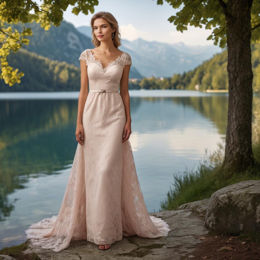 A stunning image of slovenian charm set by picturesque lakes featuring a romantic floral lace gown.