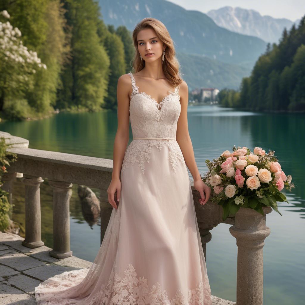 A stunning image of slovenian charm set by picturesque lakes featuring a romantic floral lace gown.