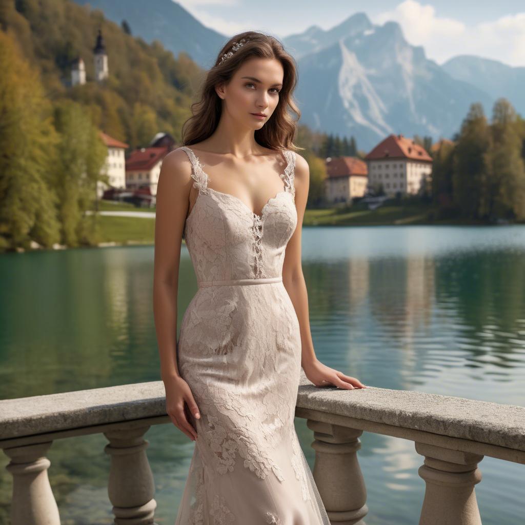 A stunning image of slovenian charm set by picturesque lakes featuring a romantic floral lace gown.