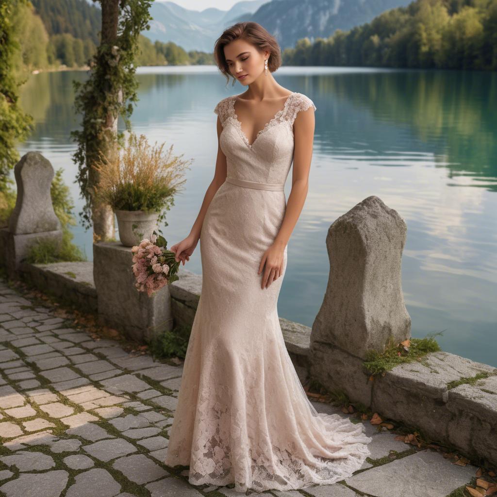 A stunning image of slovenian charm set by picturesque lakes featuring a romantic floral lace gown.