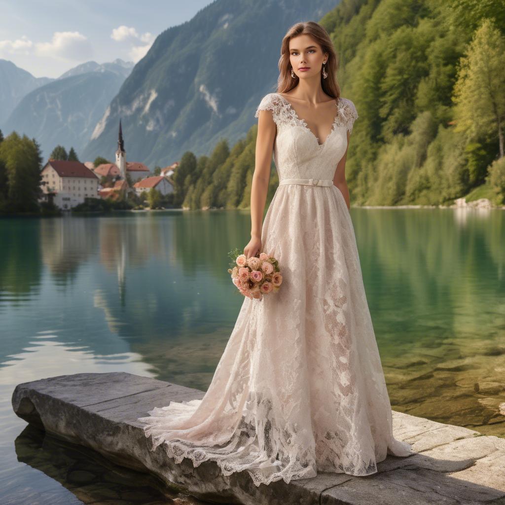 A stunning image of slovenian charm set by picturesque lakes featuring a romantic floral lace gown.