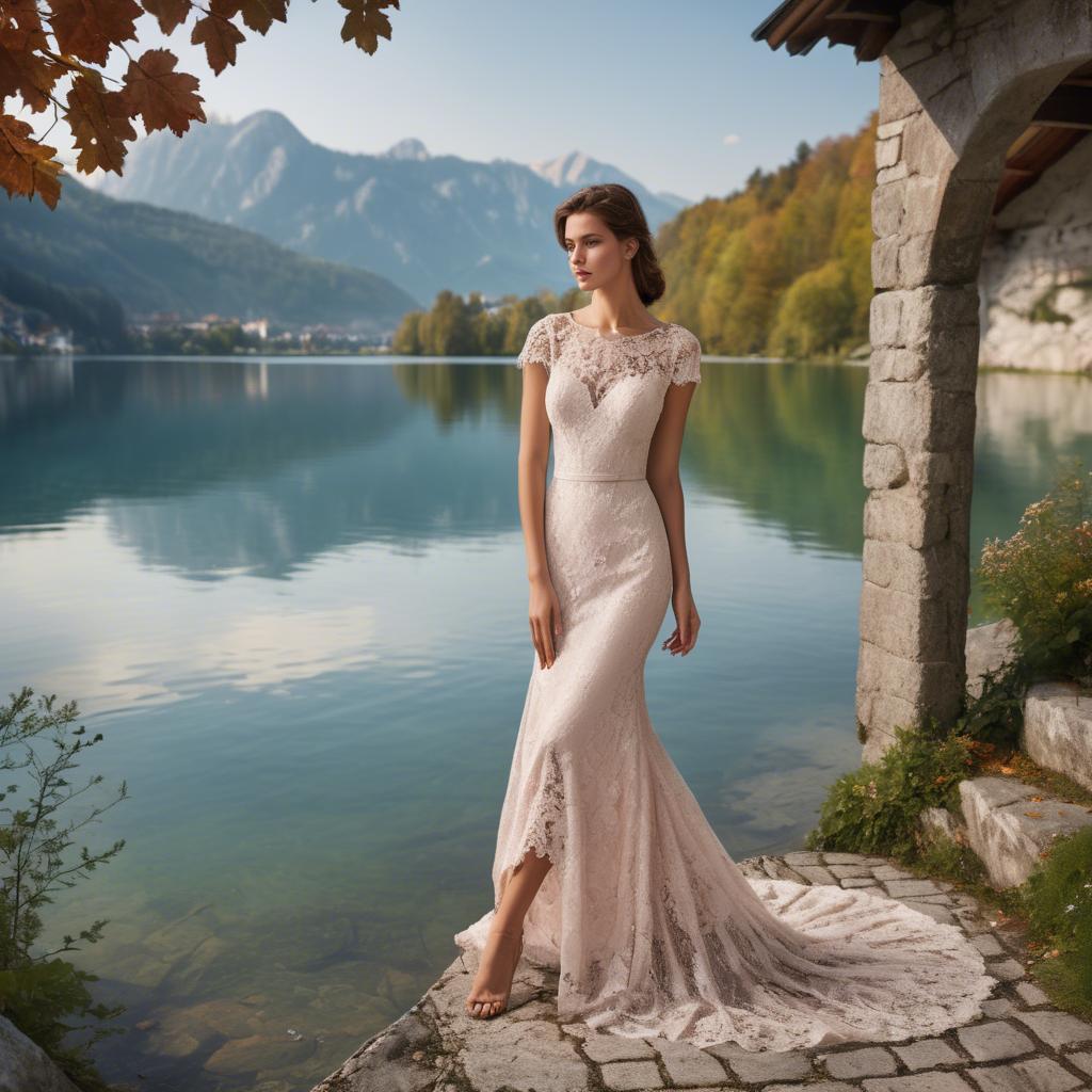 A stunning image of slovenian charm set by picturesque lakes featuring a romantic floral lace gown.