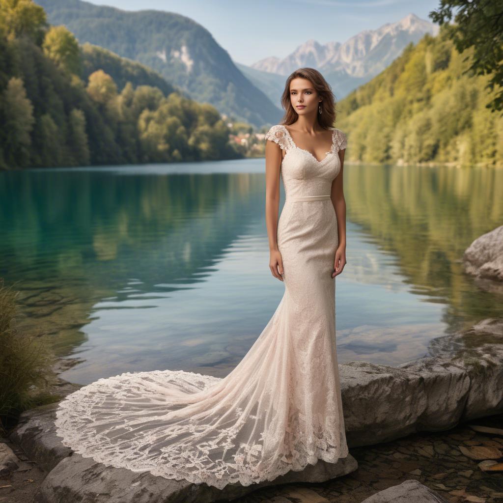 A stunning image of slovenian charm set by picturesque lakes featuring a romantic floral lace gown.