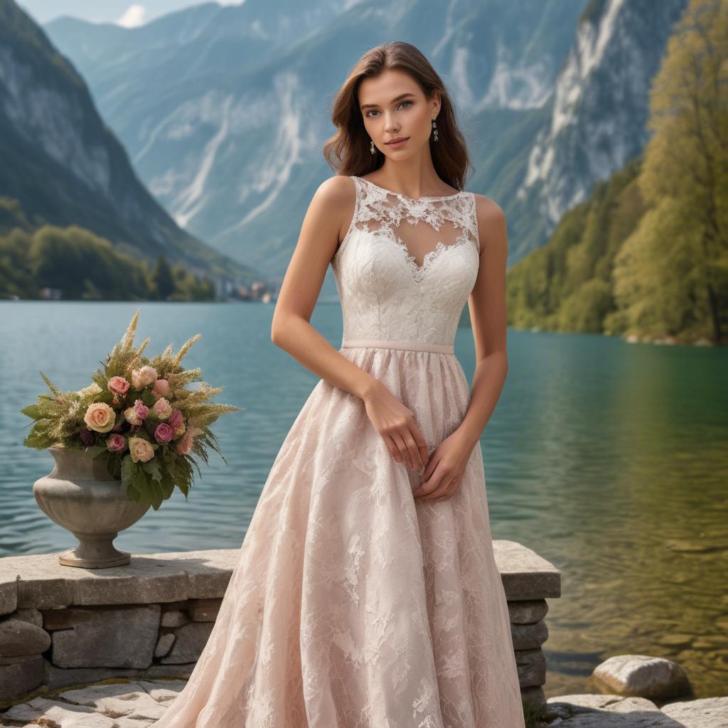 A stunning image of slovenian charm set by picturesque lakes featuring a romantic floral lace gown.