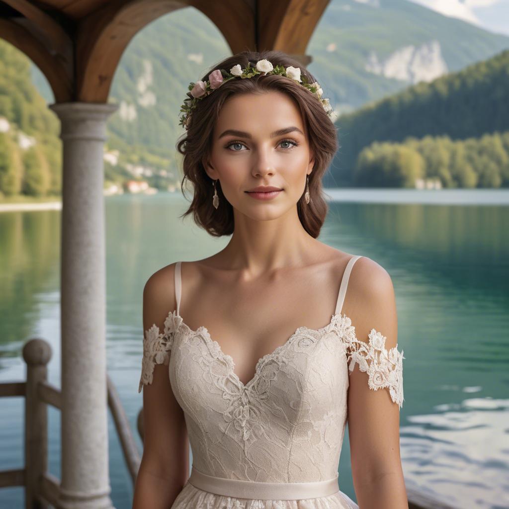 A stunning image of slovenian charm set by picturesque lakes featuring a romantic floral lace gown.