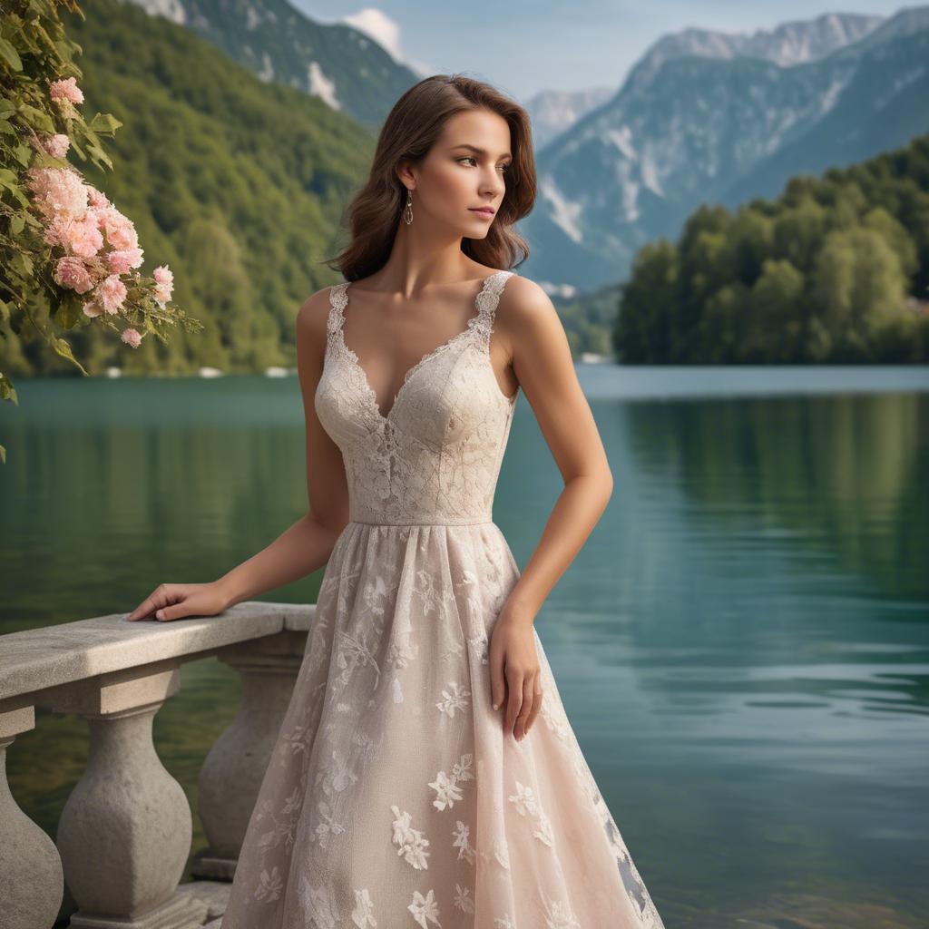 A stunning image of slovenian charm set by picturesque lakes featuring a romantic floral lace gown.