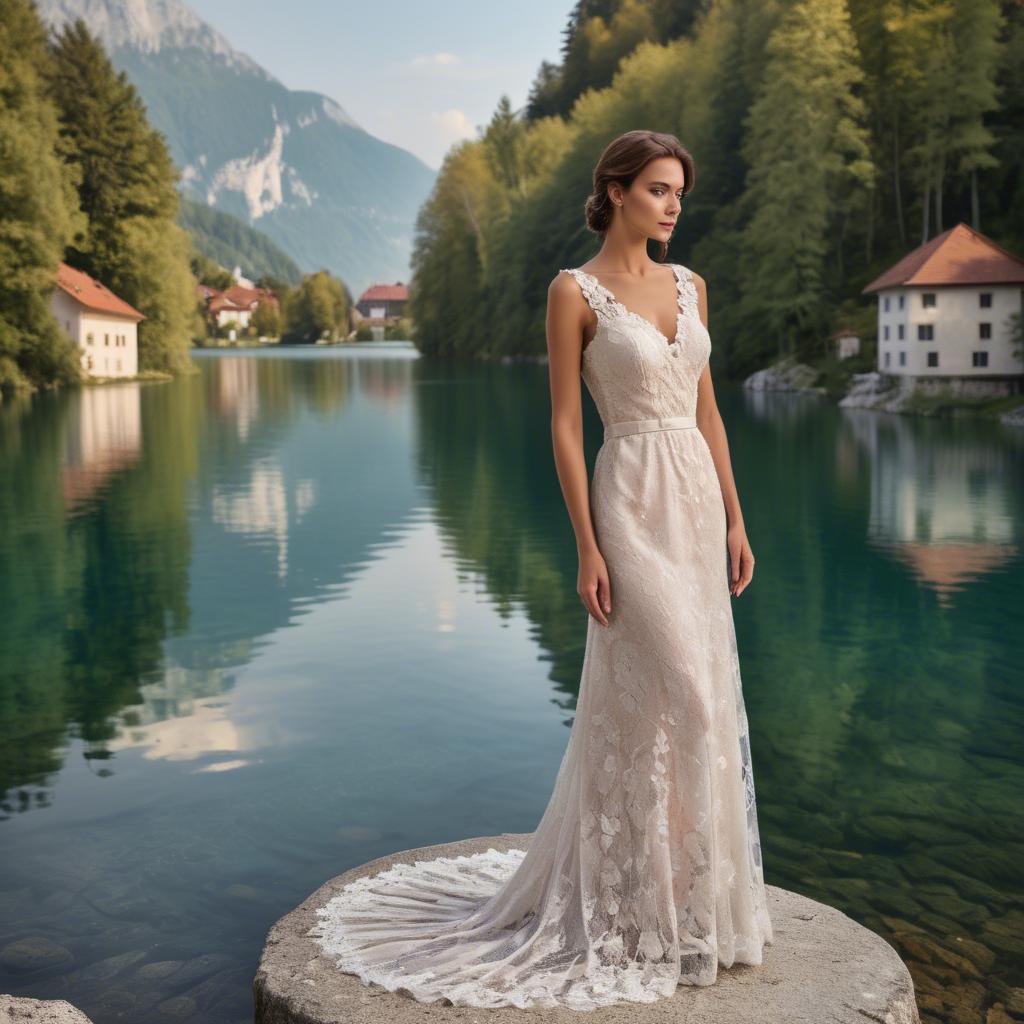 A stunning image of slovenian charm set by picturesque lakes featuring a romantic floral lace gown.