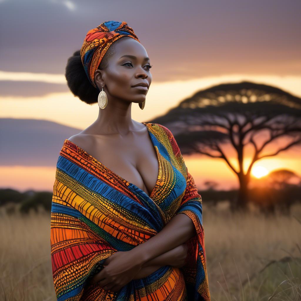 A stunning image of south african queen in a vibrant patterned wrap glowing under warm african sunset.