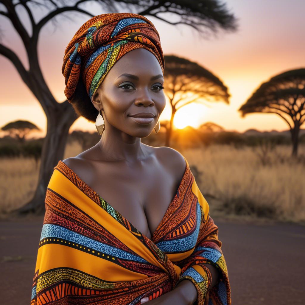 A stunning image of south african queen in a vibrant patterned wrap glowing under warm african sunset.