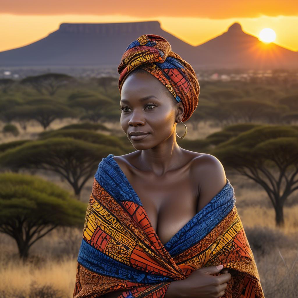 A stunning image of south african queen in a vibrant patterned wrap glowing under warm african sunset.