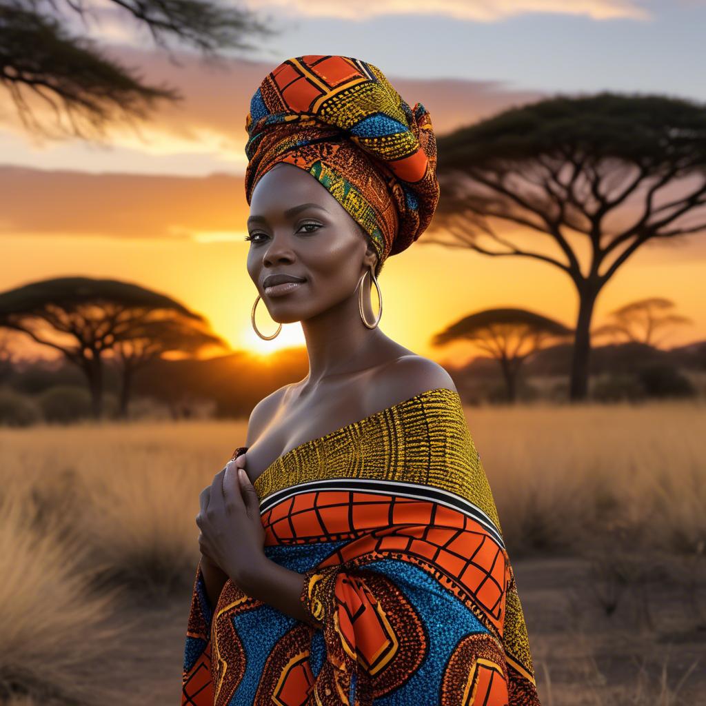 A stunning image of south african queen in a vibrant patterned wrap glowing under warm african sunset.