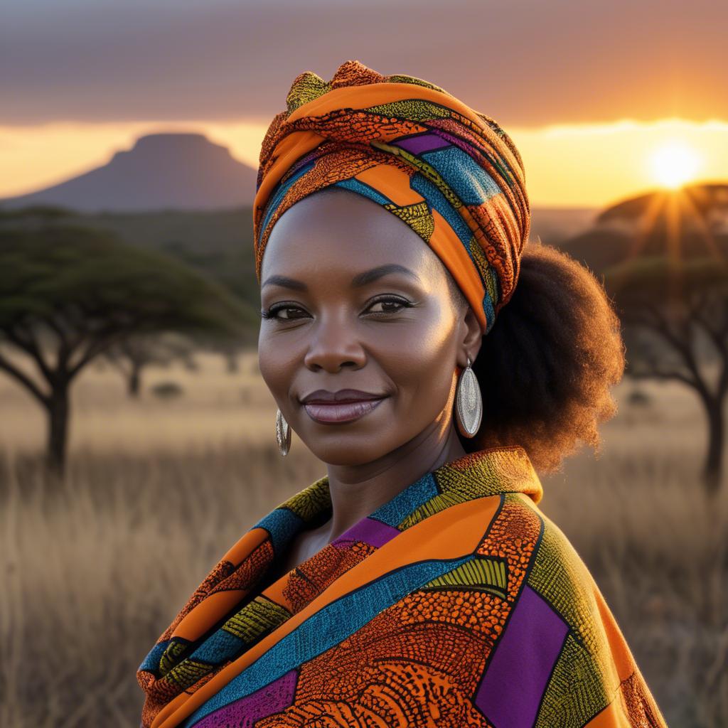A stunning image of south african queen in a vibrant patterned wrap glowing under warm african sunset.