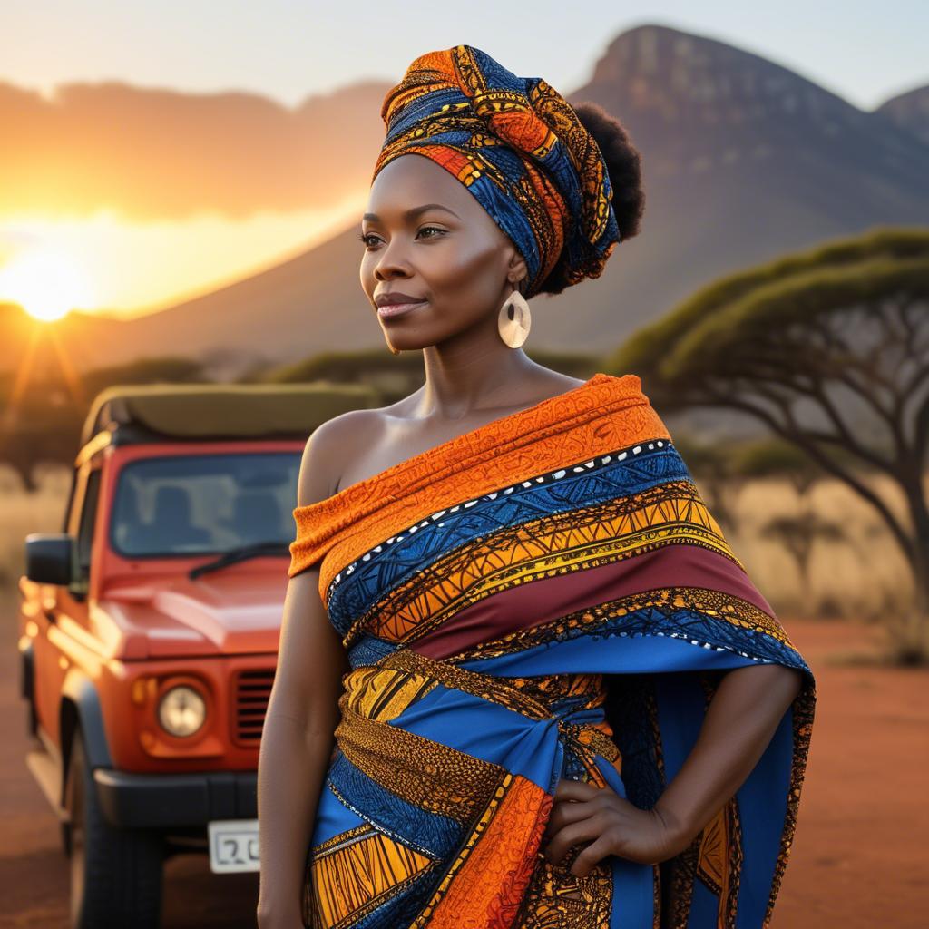 A stunning image of south african queen in a vibrant patterned wrap glowing under warm african sunset.
