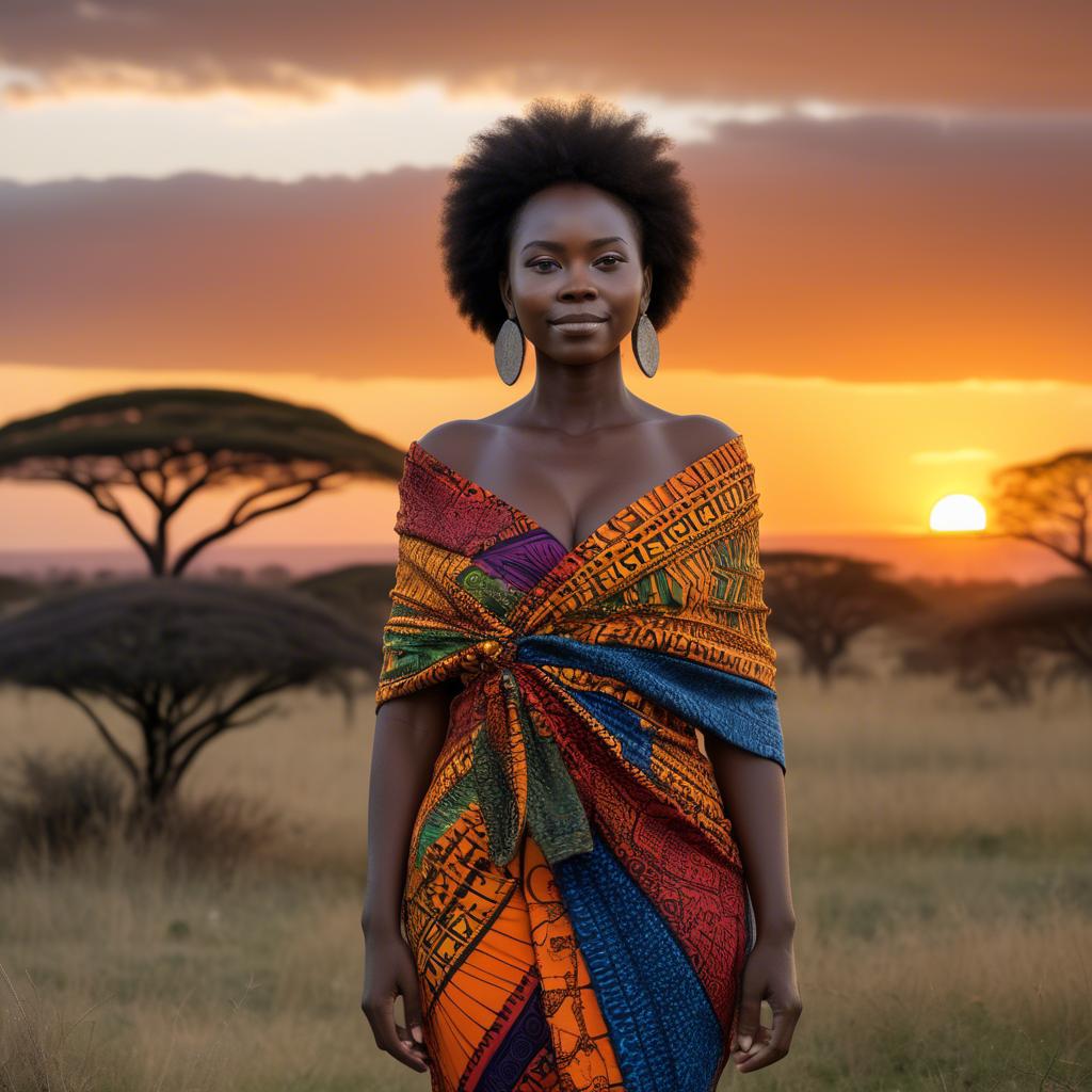 A stunning image of south african queen in a vibrant patterned wrap glowing under warm african sunset.