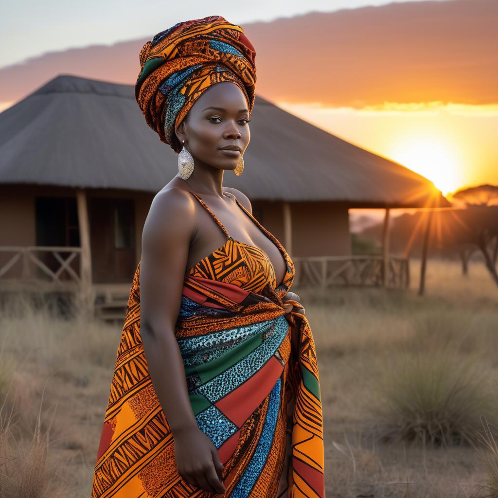 A stunning image of south african queen in a vibrant patterned wrap glowing under warm african sunset.