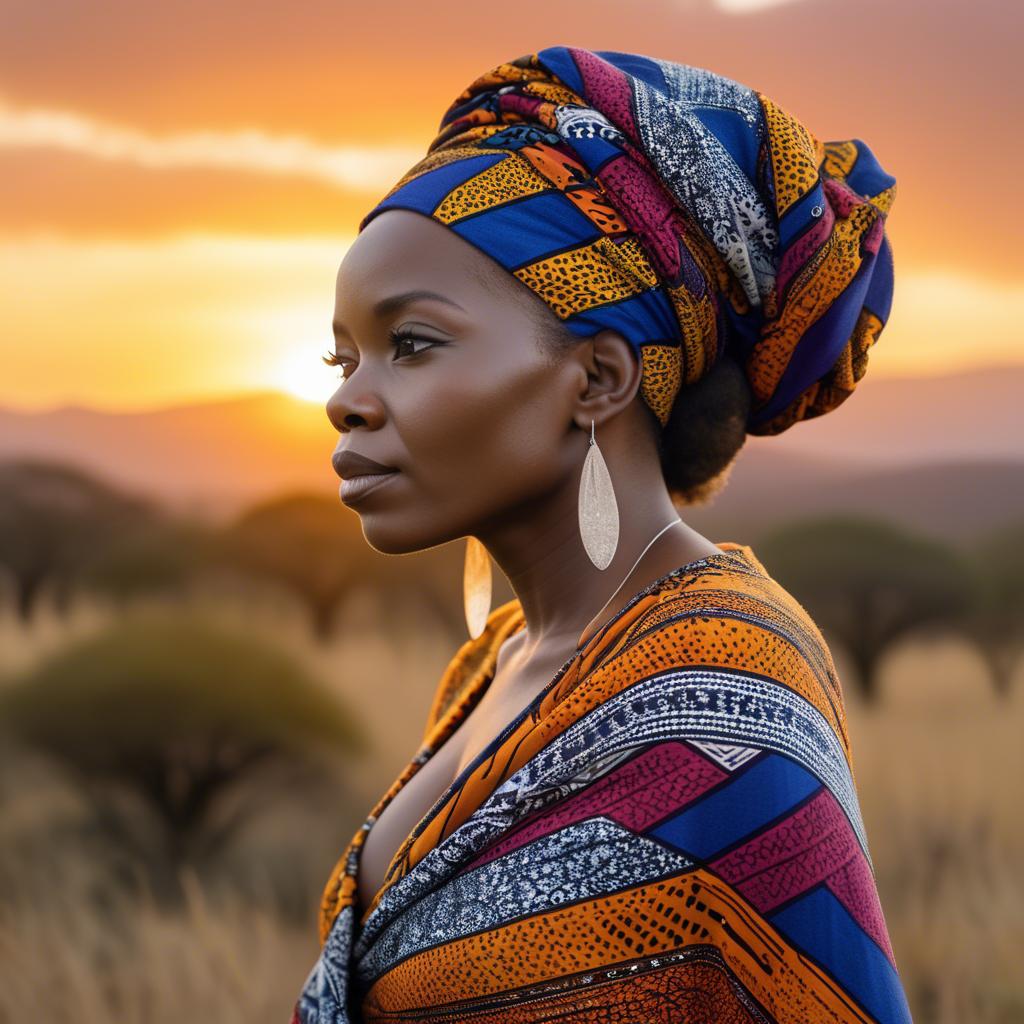 A stunning image of south african queen in a vibrant patterned wrap glowing under warm african sunset.