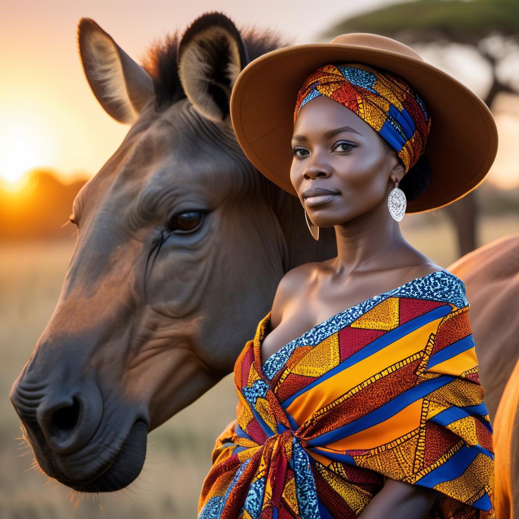 A stunning image of south african queen in a vibrant patterned wrap glowing under warm african sunset.