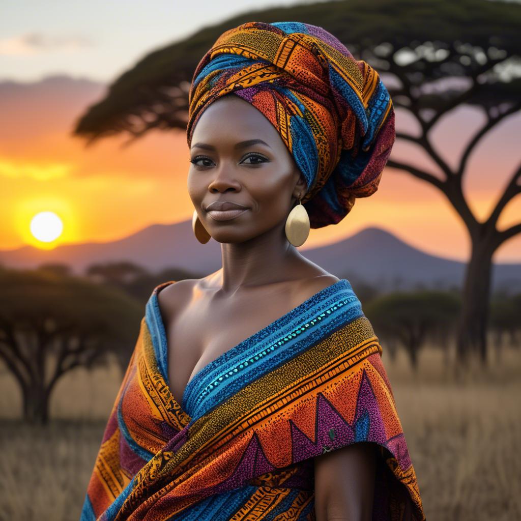 A stunning image of south african queen in a vibrant patterned wrap glowing under warm african sunset.