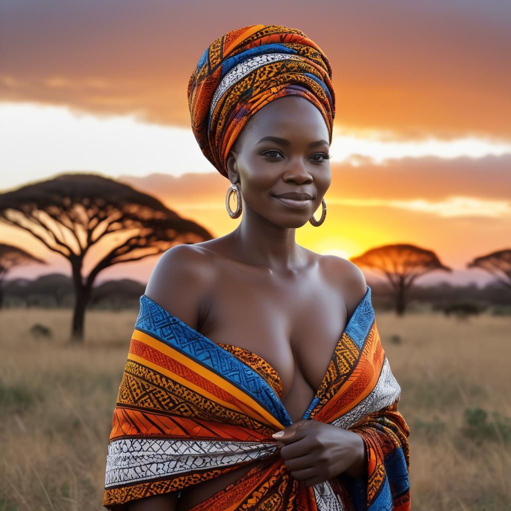 A stunning image of south african queen in a vibrant patterned wrap glowing under warm african sunset.